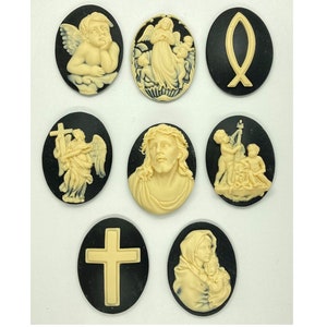 8pcs 40x30mm Religious bulk Set of Resin Cameo Cabochon (Jesus Angels Christian Symbols mary cherubs cross fish ) Black Cream colors