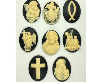 8pcs 40x30mm Religious bulk Set of Resin Cameo Cabochon (Jesus Angels Christian Symbols mary cherubs cross fish ) Black Creme colors