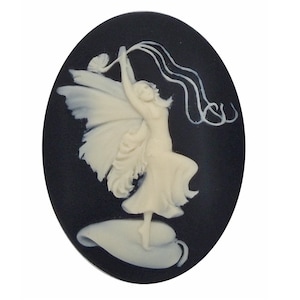 40x30mm Fairy dancing on leaf with ribbon twirler Black cream Resin Cabochon Cameo Nymph elf  fantasy finding flora fauna craft supply S4077