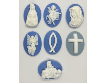 7pc lot 40x30mm Religious Set of Blue and off white Resin Cameo Cabachons Jesus Mary angels Christian cross bible inspired designs  S4131