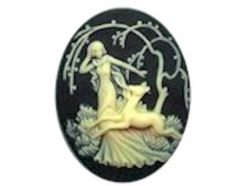 38x29mm diana the huntress cameo Black and cream Deer Fawn with Woman Resin Cameo jewelry finding girl in the forest with deer  651r