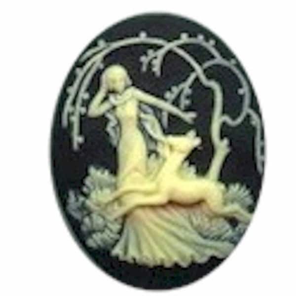 38x29mm diana the huntress cameo Black and cream Deer Fawn with Woman Resin Cameo jewelry finding cameo jewelry supply 651r