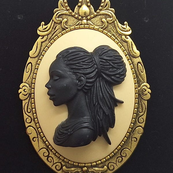 Black Woman Brooch or Pendant Beautiful African American with Braids Cameo in Gold tone Setting cabochon in the mounting is 40x30mm F252