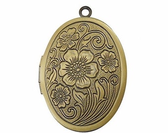1pc Antique Bronze Locket with Etched Flowers jewelry finding picture locket solid perfume pendant 642x