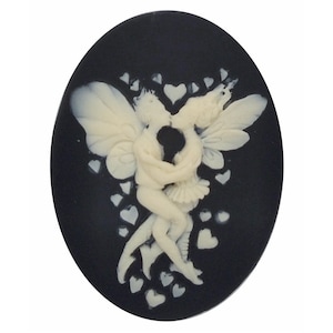 40x30mm Kissing Fairies In Love Black and cream Resin Cabochon elf cameo Nymph fantasy finding flora fauna craft supply S4076