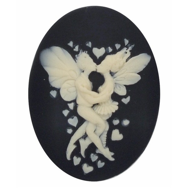 Cabochon en résine noir et crème Kissing Fairies In Love, 40 x 30 mm, camée goth, nymphe fantastique, recherche de la flore, de la faune et de l'artisanat S4076