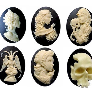 6pc skulls Goth cameo lot bundle 40x30 horror spooky black cameos (new cabachons in) tattoo halloween gothic wicca amulet resin jewelry 927x