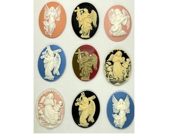 Lote de 9 ángeles de 40 x 30 mm, conjunto religioso de resina con camafeo y cabujón de ángel en rosa, melocotón, negro, azul, cornalina y tonos de blanco y crema.