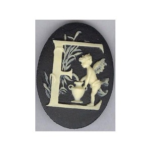 personalized alphabet charm Acrylic black cream letter E cameo with cherub angel 40x30mm item 141x