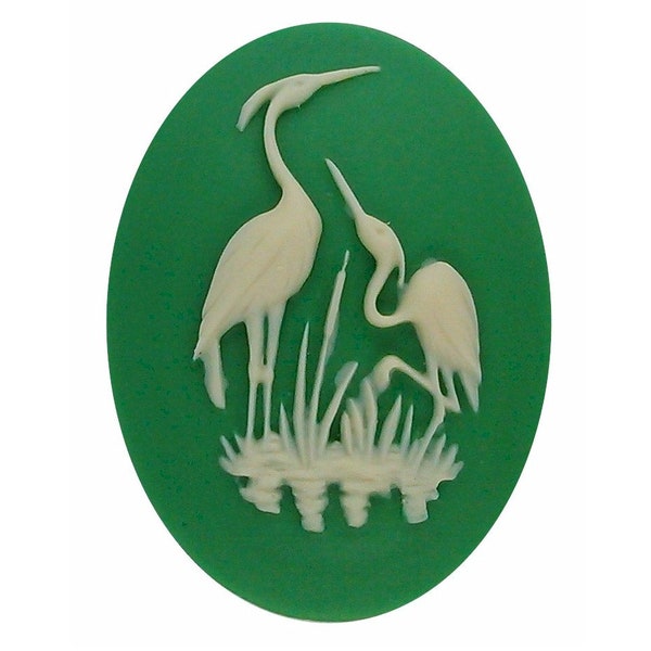 30x40 crane cabochon heron stork resin cameo bird cameo water fowl green cream loose unset embellishment or bauble diy wildlife jewelry 902q