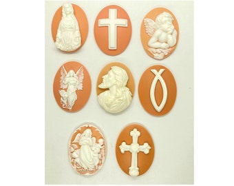 8pcs 40x30mm Peach immitation shell Color Religious  bulk lot of Resin cabochon cameos Jesus Mary and other Christian symbols S4135