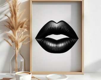 Black and White Lips Wall Art, Minimalist Kiss Print Digital Poster