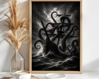 Kraken Sea Monster Black and White Wall Art, Pirate Ship Ocean Battle, Dramatic Nautical Printable, Mythical Digital Download Poster, Edgy