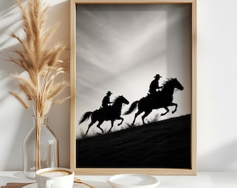 Cowboy Silhouette Wall Art, Western Digital Print, Horseback Riders Poster, Minimalist Black and White Desert Artwork, Rustic Western Decor