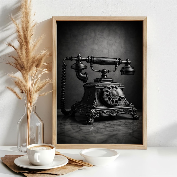 Black and White Vintage Telephone Wall Art, Retro Rotary Phone Photography Print