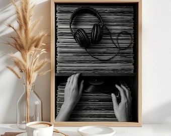 Vinyl-Schallplatten-Wandbild, Schwarz-Weiß-Musikdruck, Retro-DJ-Deko, Kopfhörer-Fotografie, minimalistisches Poster für Schallplattensammler