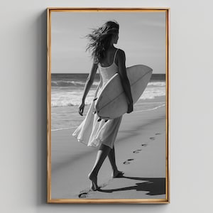 Surf Girl Beach Wall Art, Black and White Coastal Print, Woman with Surfboard Photo, Ocean Digital Download for Modern Decor, Edgy Wall Art