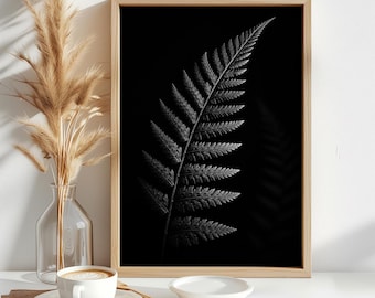 May include: A rectangular wall art print in a light wood frame featuring a high-contrast black and white photograph of a single fern leaf centered against a solid black background, showcasing intricate leaf textures and sharp, detailed edges.