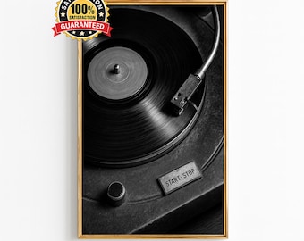 Schwarz-Weiß-Wandbild mit Plattenspieler – Vintage-Fotografie eines Vinyl-Plattenspielers, Retro-Musikdeko, digitaler Download