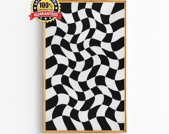 Arte de parede com ilusão de ótica – Impressão geométrica abstrata em preto e branco, download digital moderno, decoração de casa em estilo Op Art, arte arrojada em tons de cinza.