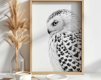 Snowy Owl Black and White Wall Art – Elegant Wildlife Bird Print, Minimalist Nature Decor, Modern Monochrome Digital Download Poster