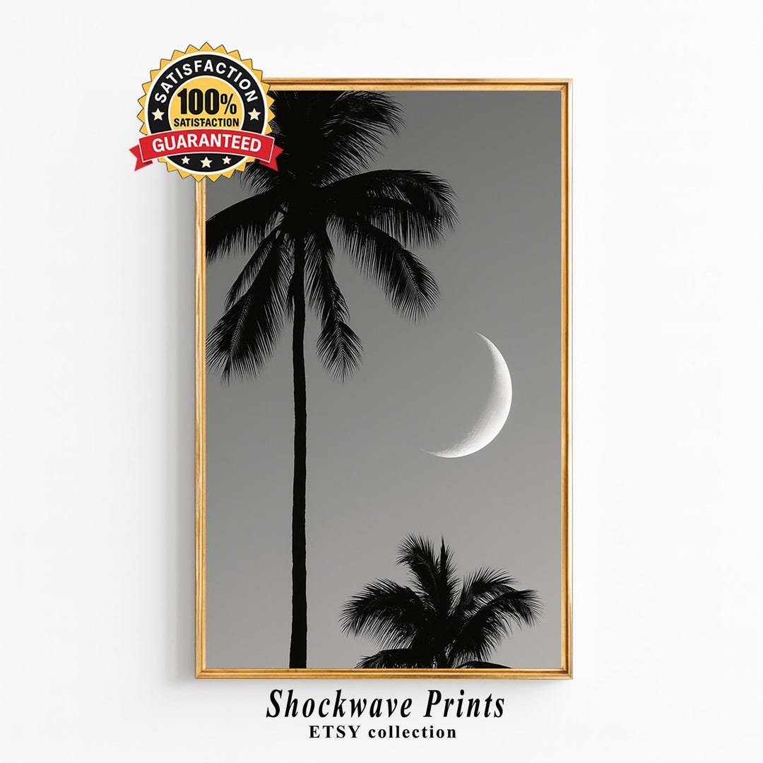 Palm Trees and Moon Black and White Wall Art – Minimalist Tropical ...