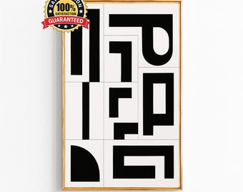 Affiche géométrique en noir et blanc, style minimaliste et abstrait, avec des lignes modernes, décoration scandinave, téléchargement numérique.