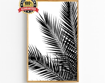 Art mural noir et blanc silhouette feuille de palmier - impression botanique minimaliste, décoration tropicale moderne, affiche feuille de la jungle en téléchargement numérique
