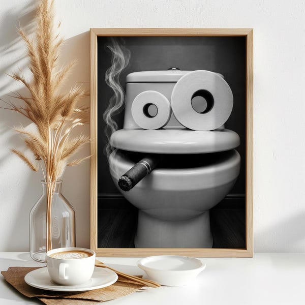 Funny Toilet Wall Art, Black and White Bathroom Humor Digital Print