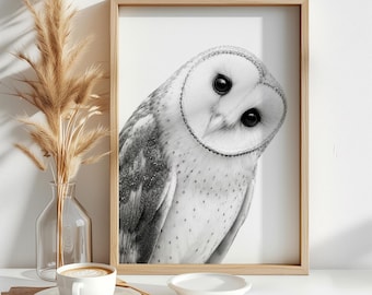 May include: A framed black and white print of a barn owl with a heart-shaped facial disc and dark eyes. The artwork is displayed in a light-colored wooden frame, positioned next to a clear glass vase containing dried pampas grass and a white cup.