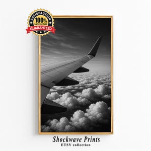 Flugzeug Flügel schwarz weiß Wand Kunst - Luftaufnahme Reise Fotografie Druck, Minimalistische Wolkenlandschaft Dekoration, digitaler Download Poster