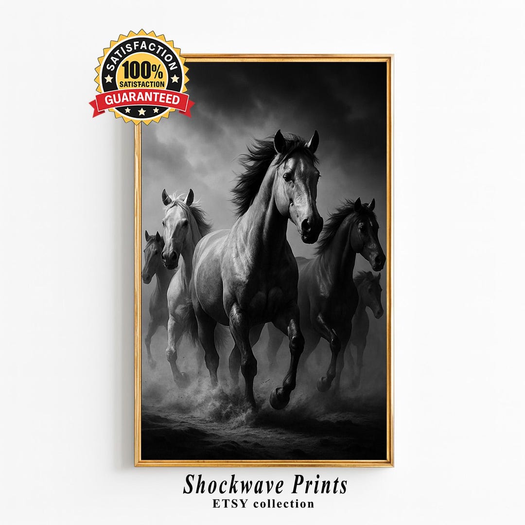 Running Horses Black and White Wall Art, Wild Horse Herd Printable ...