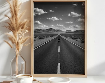 Desert Road Black and White Wall Art – Minimalist Landscape Photography Print, Open Highway Poster, Travel Adventure Digital Download