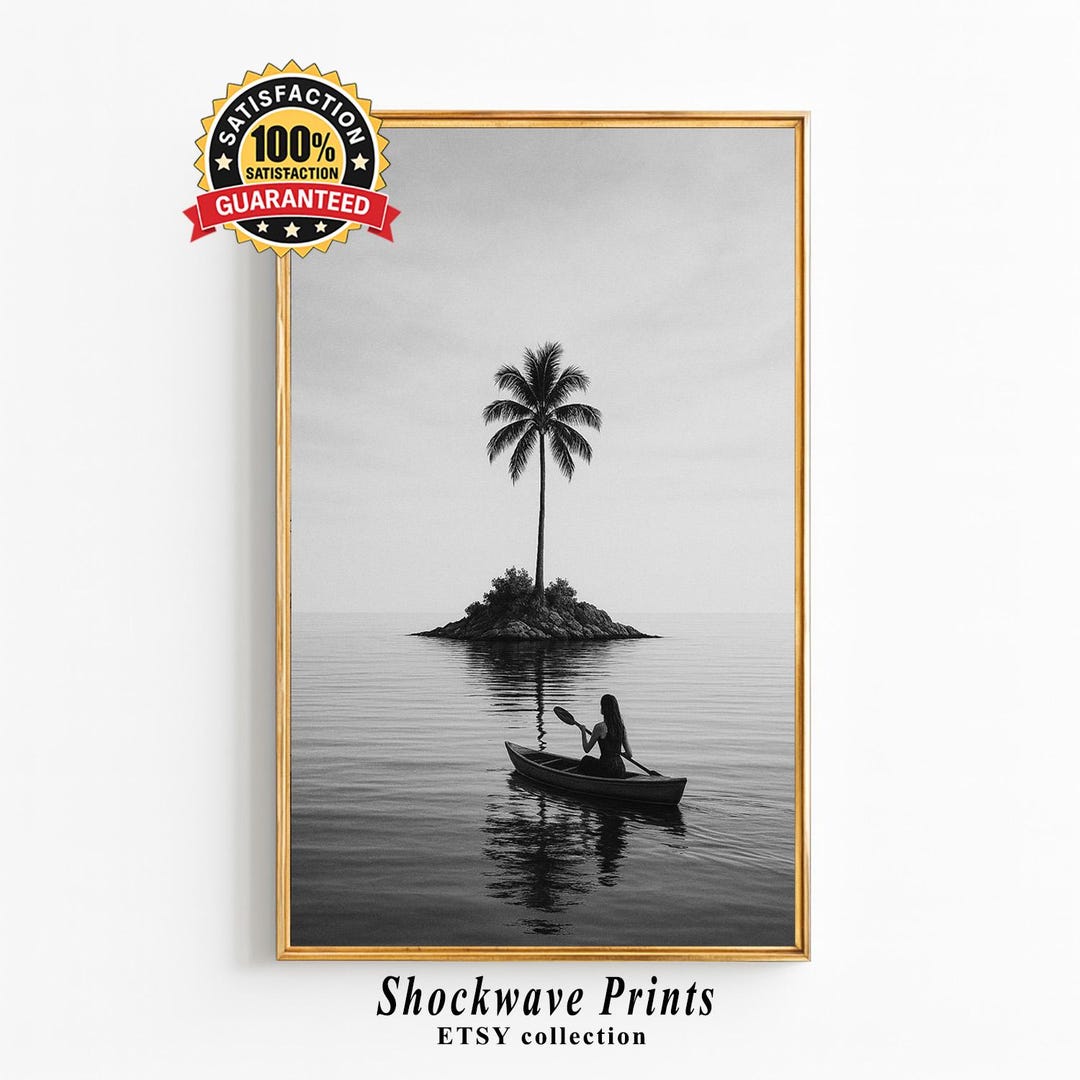 Palm Island Black and White Wall Art – Woman in Canoe Minimalist Ocean ...