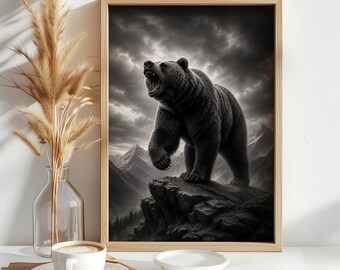 咆哮するクマのウォールアート、白黒の野生動物プリント、山岳自然装飾、力強い動物ポスター、デジタルダウンロード、素朴なギフト、エッジィ