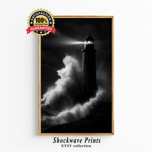Art mural phare tempête, impression photographie noir et blanc sur l'océan, décor côtier spectaculaire, téléchargement numérique nautique, affiche Sea Power