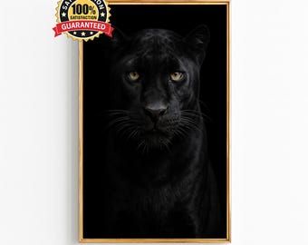 Quadro da parete in bianco e nero con Pantera Nera, potente ritratto di animale selvatico, decorazione minimalista per la giungla, poster digitale scaricabile, scala di grigi
