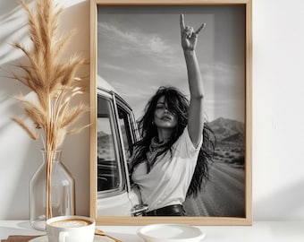 Rebel Spirit Girl, Black and White Wall Art Print, Free Spirit Photo Poster, Boho Road Trip Photography, Digital Download, Woman Art