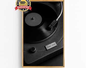 Record Player Black and White Wall Art – Vintage Vinyl Turntable Photography Print, Retro Music Decor, Digital Download Artwork