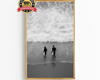 Surfers Black and White Wall Art – Ocean Photography Print, Coastal Beach Decor, Minimalist Surfing Poster, Digital Download Artwork