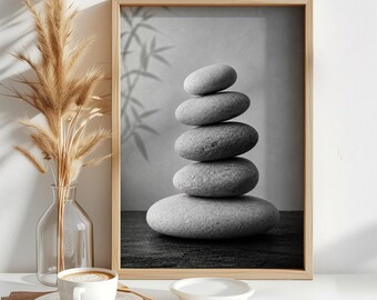 Black and White Zen Wall Art, Minimalist Stone Balance Digital Print