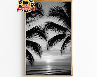 Black and White Palm Tree Wall Art, Minimalist Beach Sunset Digital Photography Print