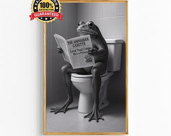 Funny Frog Bathroom Wall Art, Black and White Toad Reading Newspaper Digital Print