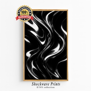 Puede incluir: Impresión artística abstracta en blanco y negro en un marco dorado. La obra de arte presenta patrones fluidos y brillantes en forma de onda. La impresión enmarcada está etiquetada como "Shockwave Prints" y "ETSY collection" con un sello de "100% Satisfacción garantizada".