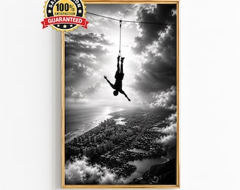 Surreal Black and White Wall Art, Hanging Silhouette Over City, Dramatic Urban Photography, Modern Digital Print