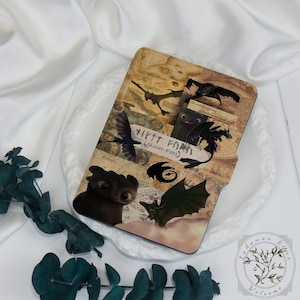 May include: A tablet case featuring a collage of dragon illustrations and the text "Night Fury." The design incorporates a vintage map background with various dragon silhouettes and character images. The case is brown and black.
