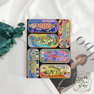 May include: A rectangular print featuring six stylized fish illustrations arranged in individual colorful frames. Each frame includes text such as JING LONG YU, SHI BAN YU, and 200g, with vibrant patterns and bold outlines depicting various fish species.