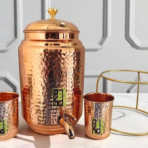 Hand Hammered Copper Water Dispenser Set: 10L Ayurveda Wellness