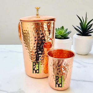 Pure Copper Water Hammered Jug 1.5 L (1500 ml) With Brass Knob Top Ayurveda Health Benefits and Tumbler Set 1/2/4/6 300 ml Each