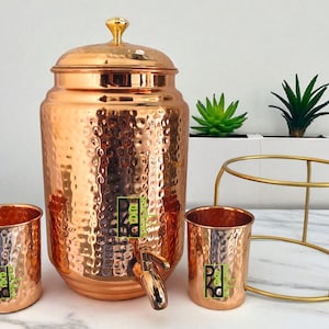 Handmade Copper Water Dispenser Set: 5L Tank + Tumblers, Ayurvedic Health